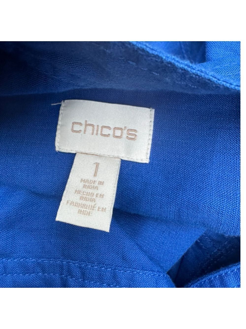 Chico’s 100% Linen Blue Utility Jacket Size 1 (M) Gold Zip Pocket Detail Classic - Picture 8 of 12